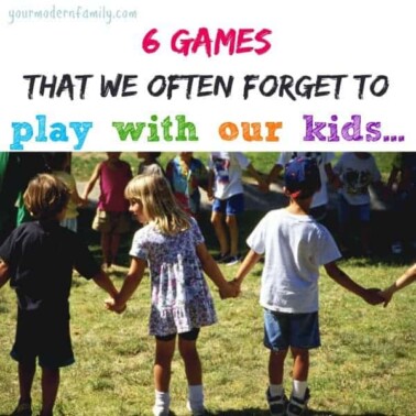 A group of kids holding hands playing a game with text above them.