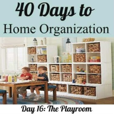 An organized playroom with shelves of items in baskets with kids sitting at a table playing.