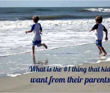 Two kids running on a beach with text below them.