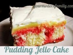 A piece of pudding jello cake on a plate with text below it.