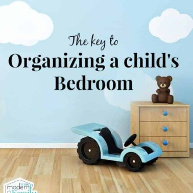 A child's bedroom with a night stand and a toy car sitting on the floor with text above them.