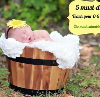 A close up of a baby in a wooden bucket with fake bubbles posing for a professional photograph with text beside her.