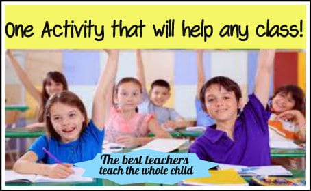 Kids in the classroom with their hands raised to answer a question with text above and below them.
