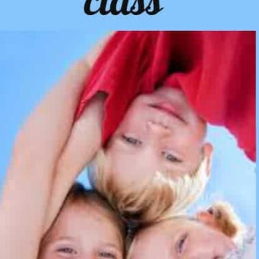 A picture of a group of kids huddled together and text above them.