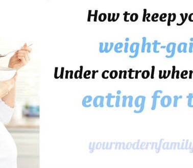A pregnant woman eating with text beside her.