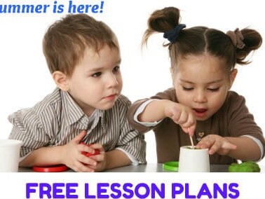 Two small children playing at table with text above and below them.