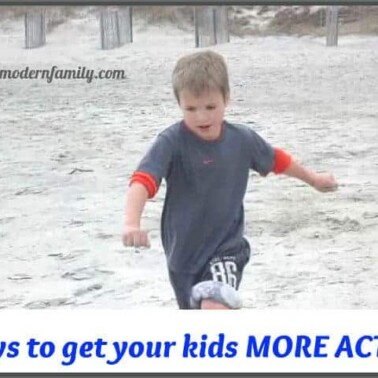 A young boy running near the ocean with text below him.
