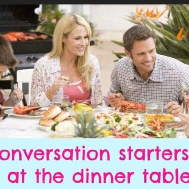 A family having dinner together with text below them.