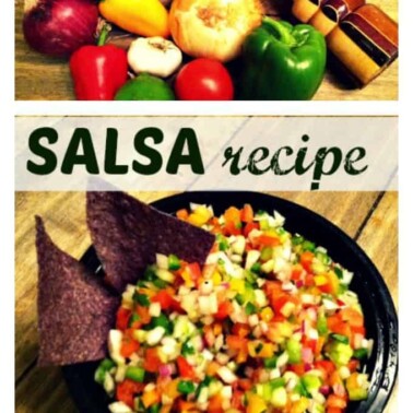 Salsa ingredients and a bowl of salsa with text between them.