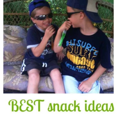 Two kids sitting on a porch swing eating a snack with text below them.