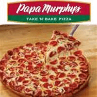A Papa Murphy's pizza sitting on top of a wooden table.
