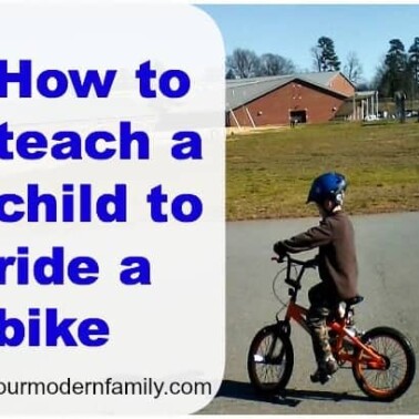 A young boy riding a bicycle with text beside him.