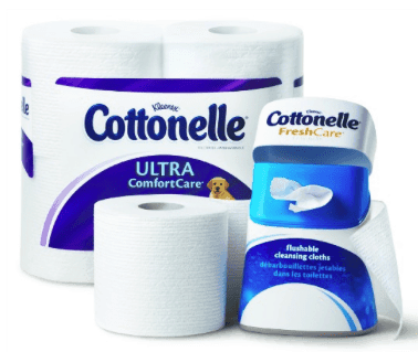 A package of Cottonelle toilet paper and flushable cleaning cloths.
