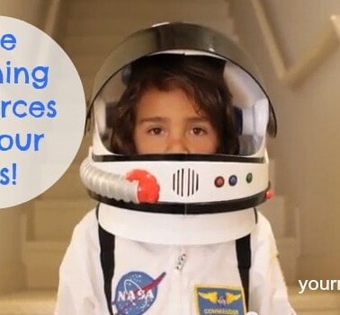 A child in an astronaut's uniform with text beside him.