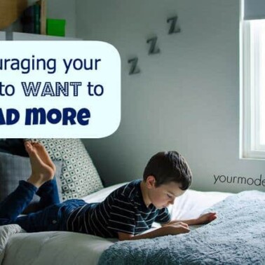 A boy lying in bed reading a book with text above him.