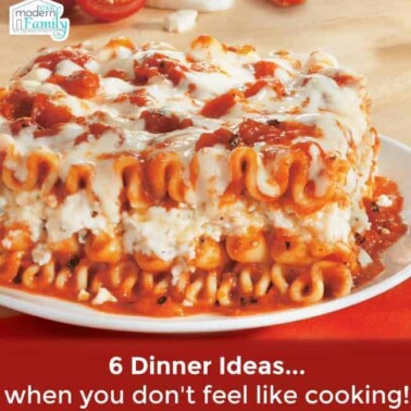 A plate of Lasagna with text below it.