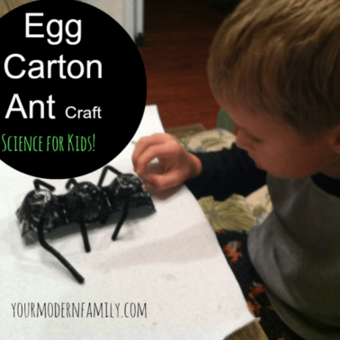 A child making a craft out of an egg carton with text above him.