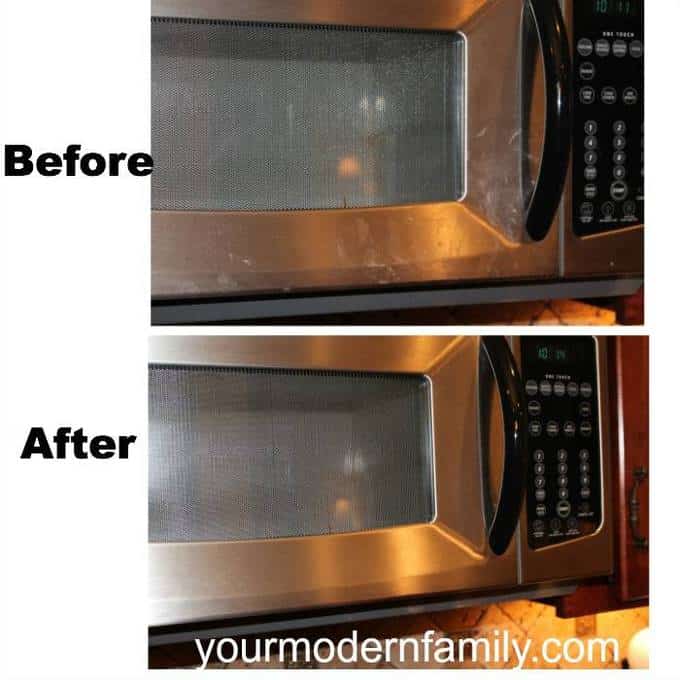 Two views of a microwave, one dirty and one clean.