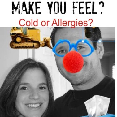 A couple posing for the camera with the man's nose colored red and blue glasses photo shopped on him with text above them.