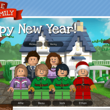 A Lego family in front of a house with text above them.