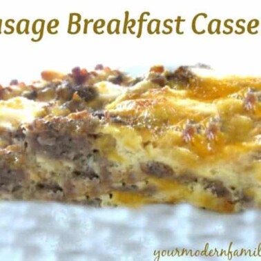 A close up of  Sausage Breakfast Casserole with text above it.