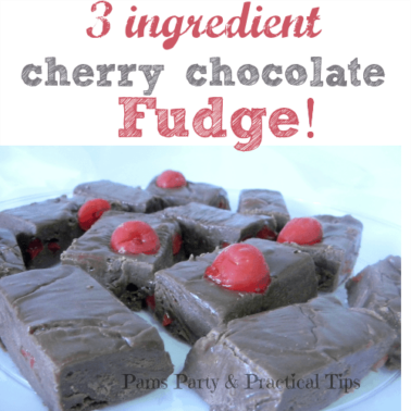 Picture of cherry chocolate fudge with text above them.