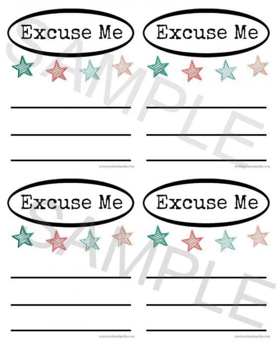 SAMPLE excuse me card (sheet)
