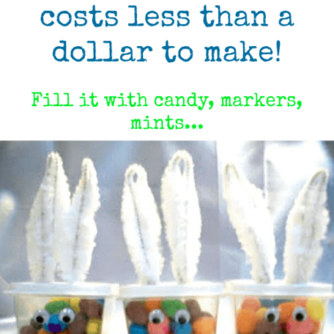 Easter craft of containers made to look like bunnies with text above them.