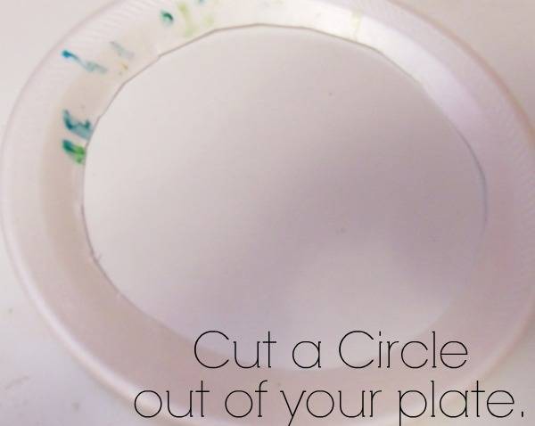 A paper plate project with the center cut out of the plate and text below it.