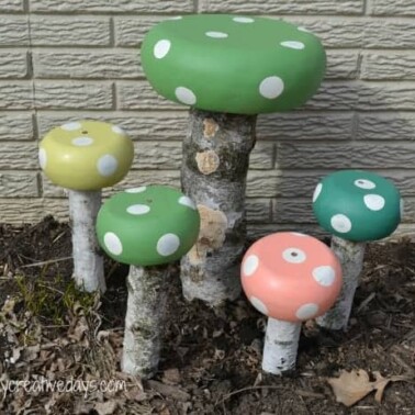 A group of colorful home made toad stools.