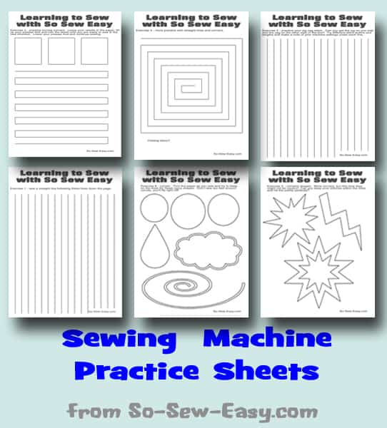 Sewing Machine practice sheets with text below them.