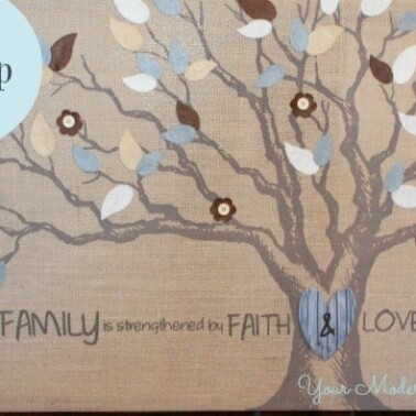 A close up of a piece of burlap with a family tree on it.