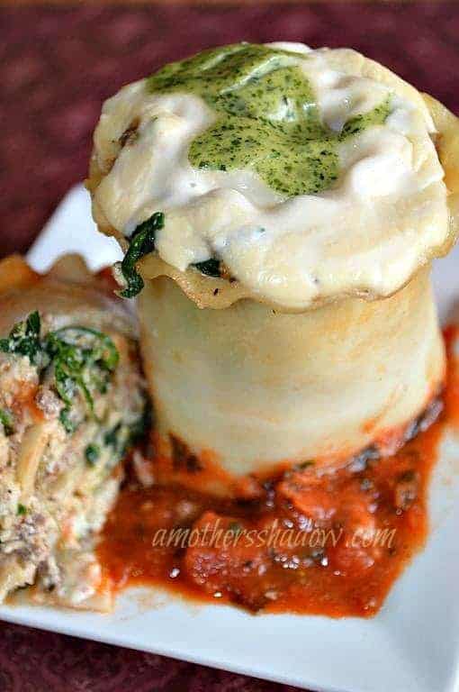 A close up of Lasagna rolls in sauce.