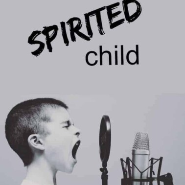 A close up of a child yelling into an old style microphone with text above him.