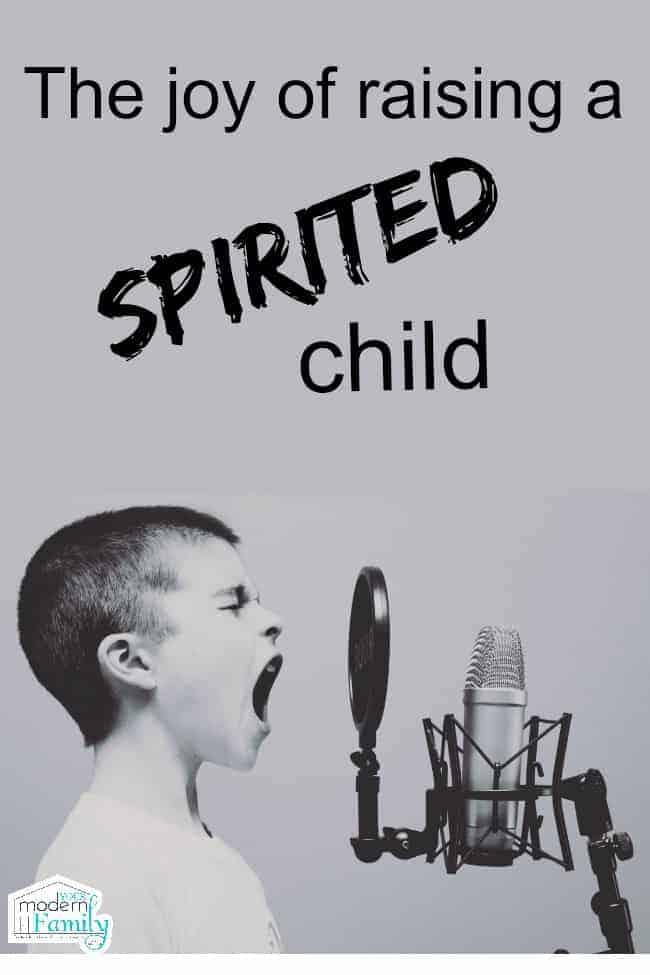 A close up of a child yelling into an old style microphone with text above him.