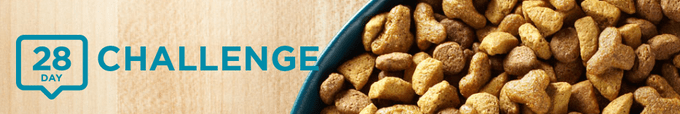 A close up of dog food in a blue bowl with text beside it.