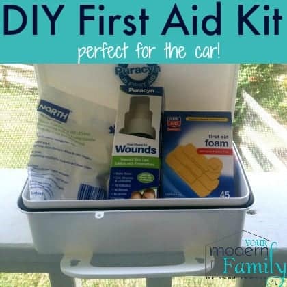 A first aid kit for a car with text above it.