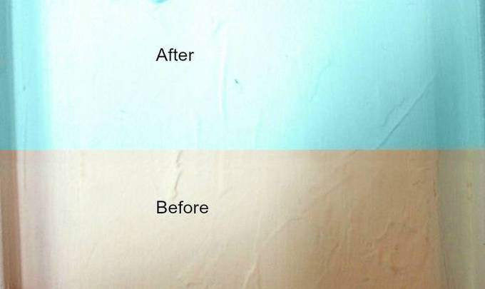 A close up of a before and after picture of a painted wall.