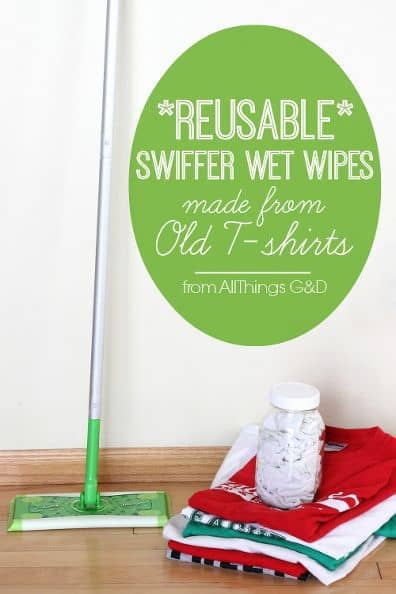 A Swiffer mop and a stack of T-Shirts on the floor with text above them.
