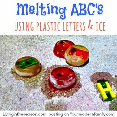 Ice cubes with plastic letters in them melting on a driveway with text above them.