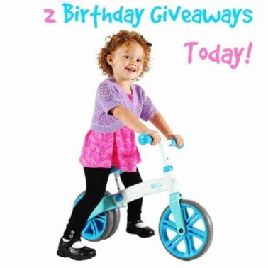A little girl on a children's two wheeled bike with text above her.