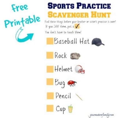 free printable - sports practice scavenger hunt for younger siblings