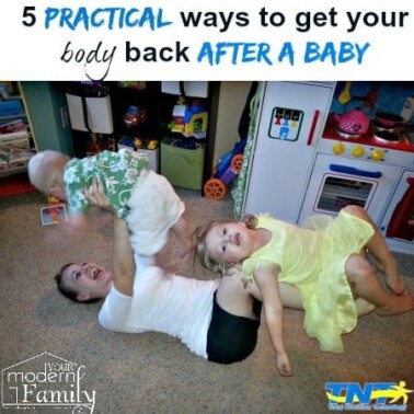 A mom lying on the floor lifting her baby above her and her little girl on her legs. with text above them.
