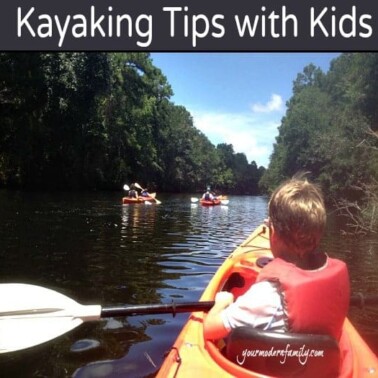A group of people sitting in kayaks with text above them.