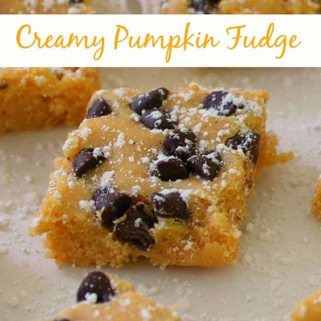  A square of Creamy Pumpkin Fudge with text above it.
