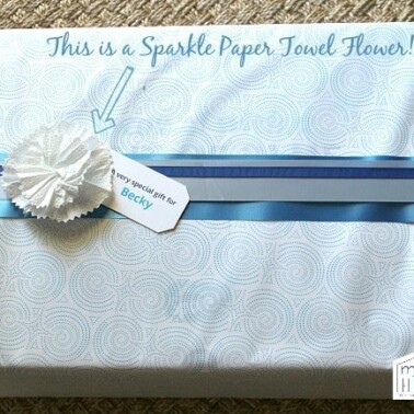 A wrapped gift with text on the top.