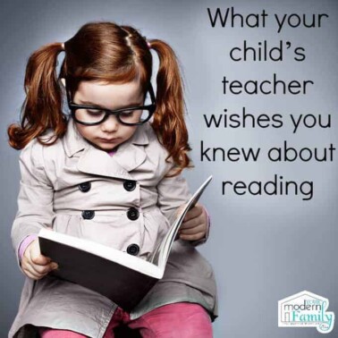 A girl reading a book with text above her.