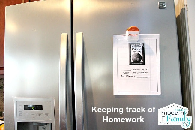 A stainless steel refrigerator with a white sheet of paper hanging on the door.