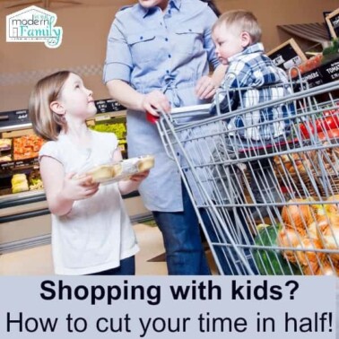 A woman and kids standing by a filled shopping cart with text below them.