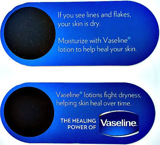 A close up of two Vaseline testing items with text on them.